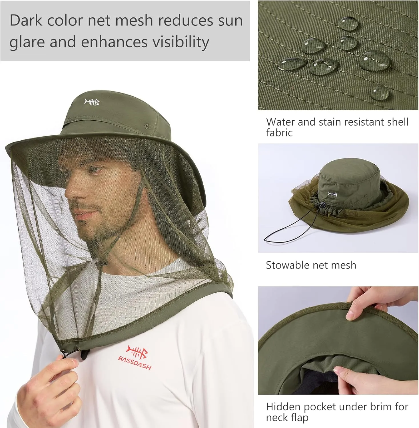 BASSDASH UPF 50  Mosquito Net Hat with Stowable Neck Flap for Men Women Outdoor Fishing Hiking Camping Gardening FH17