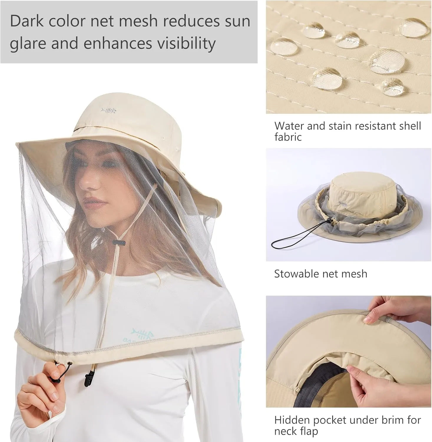 BASSDASH UPF 50  Mosquito Net Hat with Stowable Neck Flap for Men Women Outdoor Fishing Hiking Camping Gardening FH17