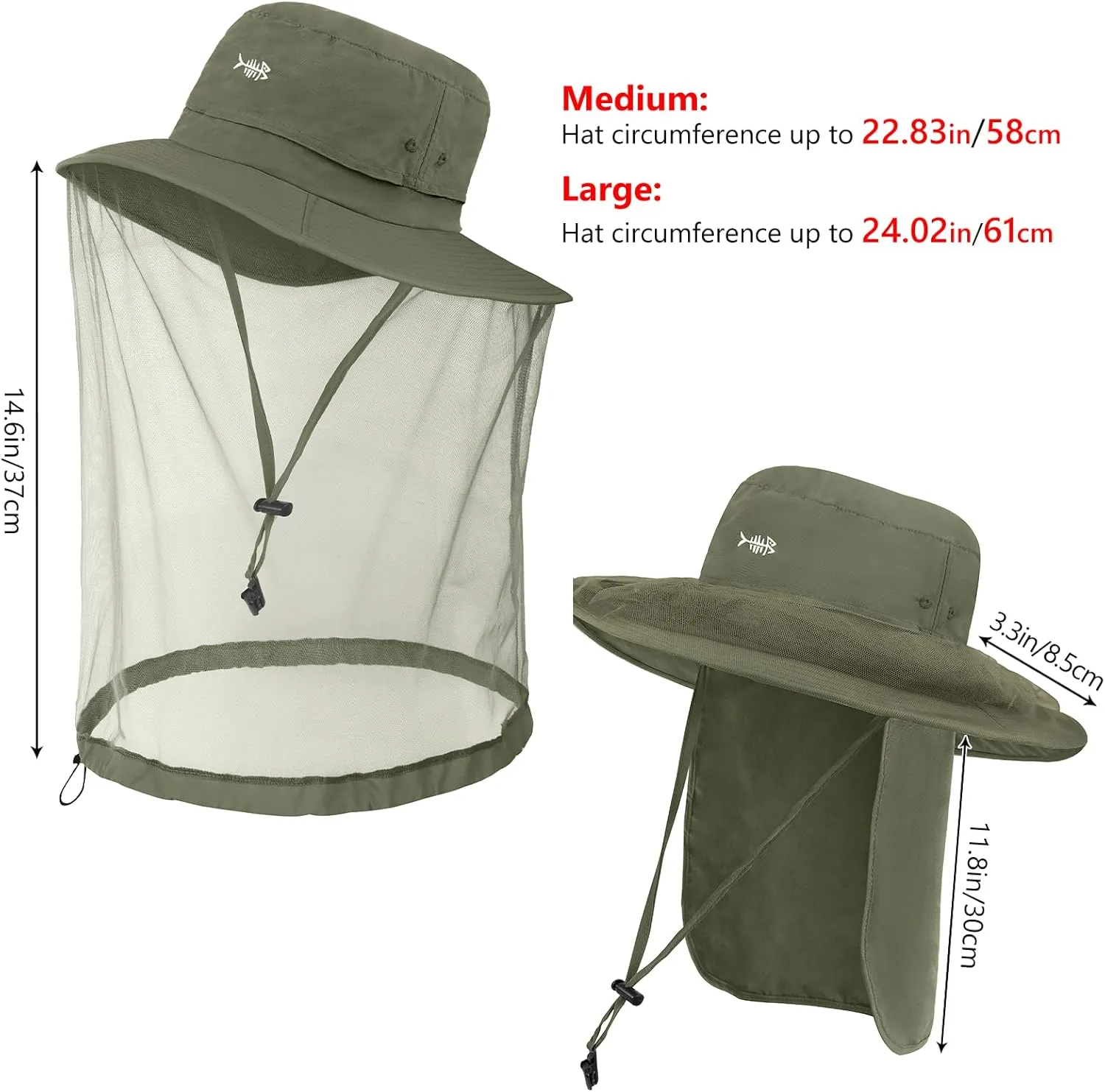 BASSDASH UPF 50  Mosquito Net Hat with Stowable Neck Flap for Men Women Outdoor Fishing Hiking Camping Gardening FH17