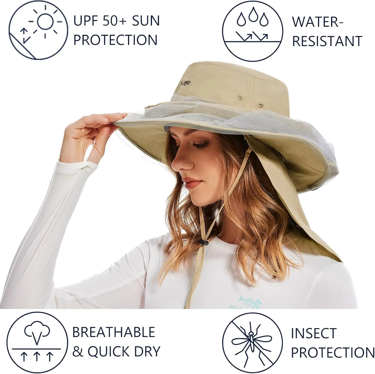 BASSDASH UPF 50  Mosquito Net Hat with Stowable Neck Flap for Men Women Outdoor Fishing Hiking Camping Gardening FH17