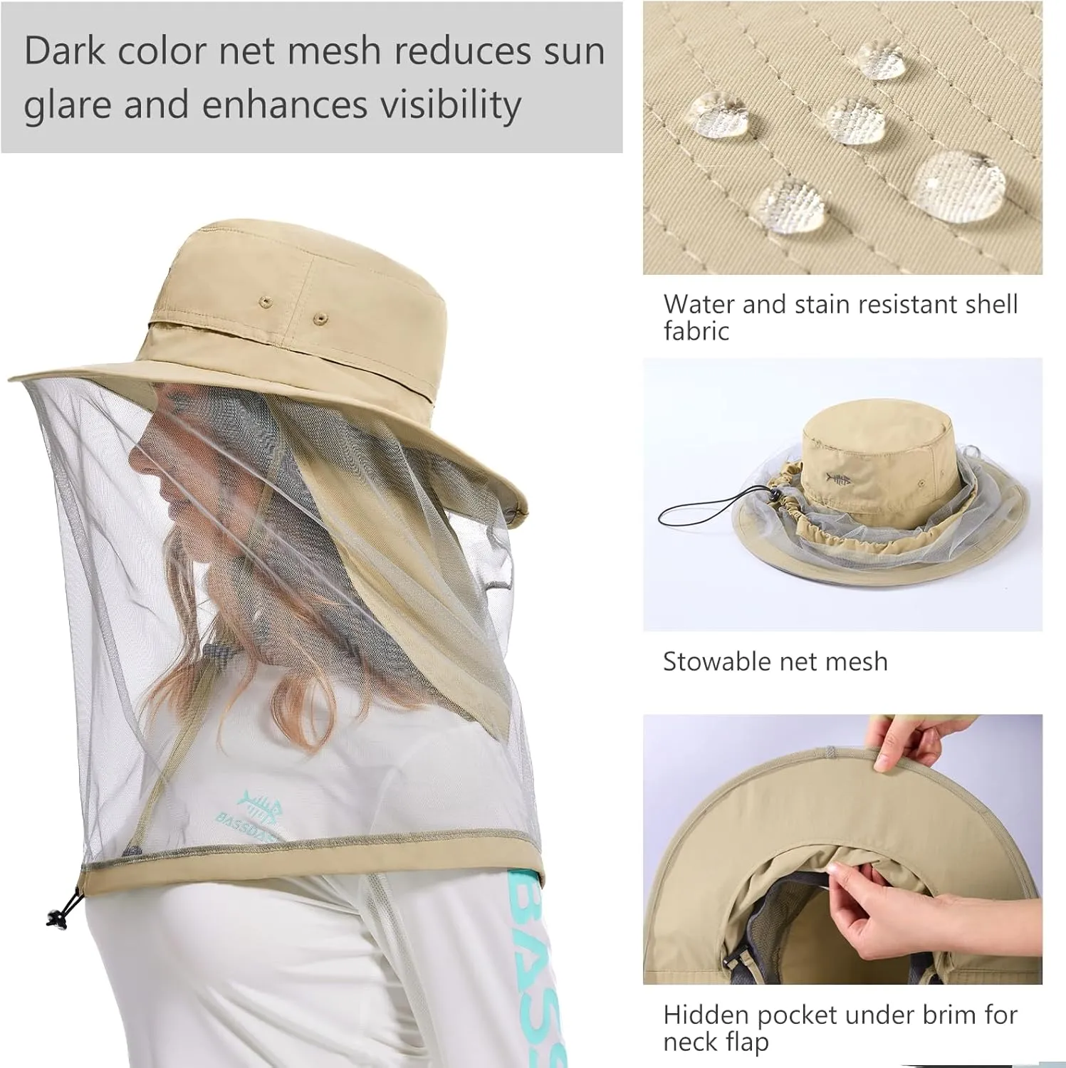 BASSDASH UPF 50  Mosquito Net Hat with Stowable Neck Flap for Men Women Outdoor Fishing Hiking Camping Gardening FH17