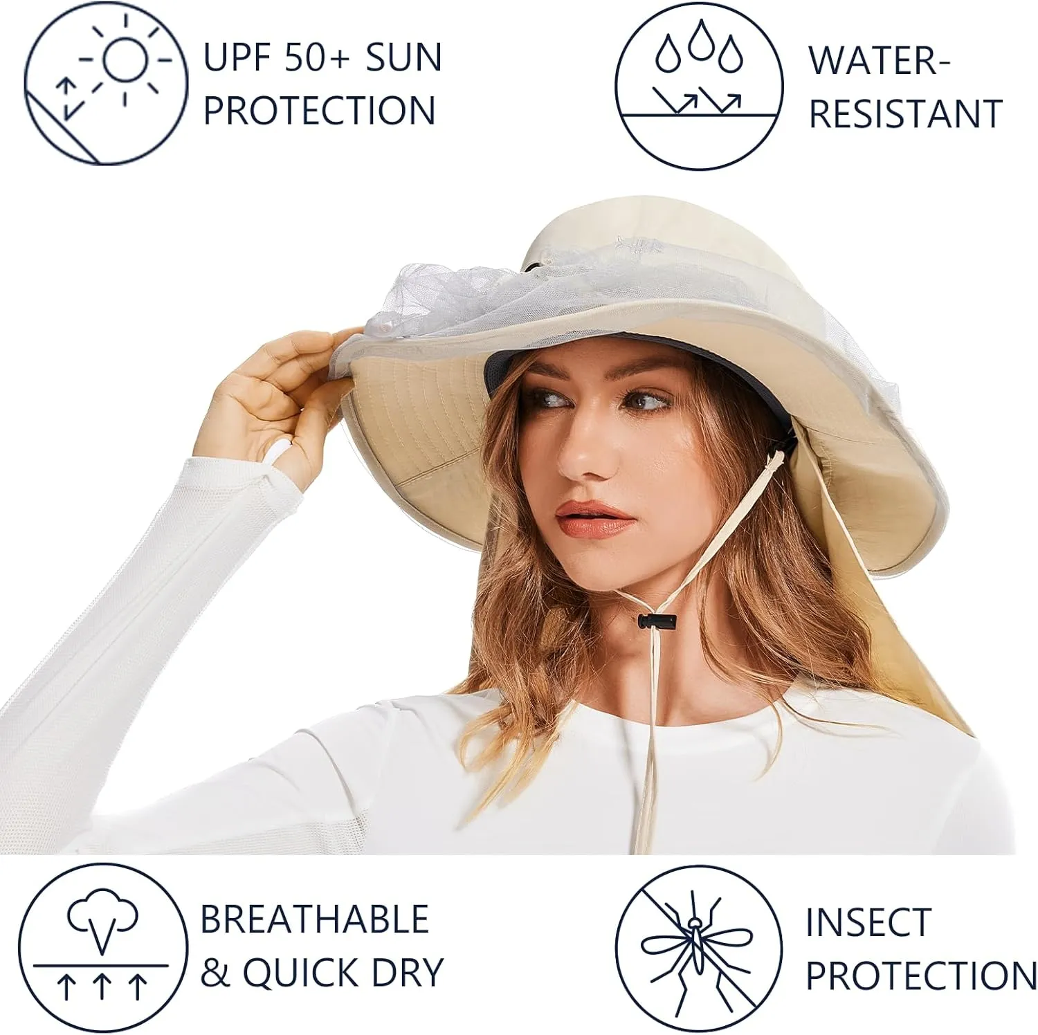 BASSDASH UPF 50  Mosquito Net Hat with Stowable Neck Flap for Men Women Outdoor Fishing Hiking Camping Gardening FH17