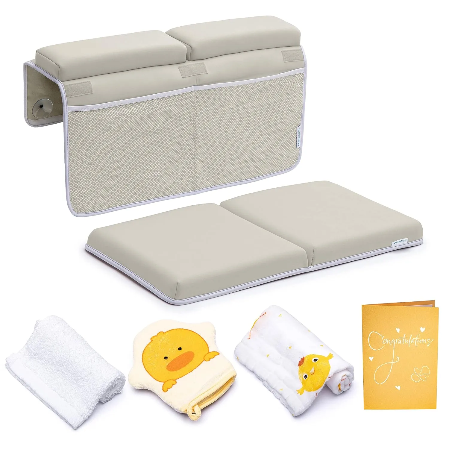 Bath Kneeler with Elbow Rest Pad Set, 1.75 inch Thick Kneeling Pad and Elbow Support for Knee Arm Support, Large Bathtub Kneeling Mat with Toy Organizer for Happy Baby Bathing Time, Beige