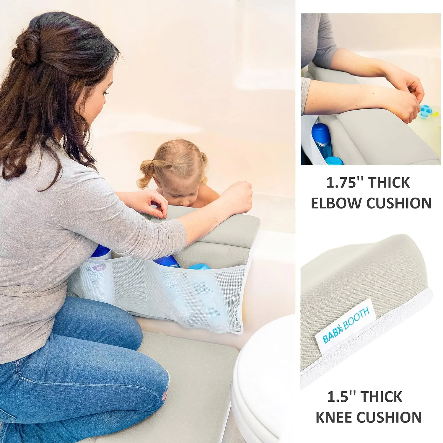 Bath Kneeler with Elbow Rest Pad Set, 1.75 inch Thick Kneeling Pad and Elbow Support for Knee Arm Support, Large Bathtub Kneeling Mat with Toy Organizer for Happy Baby Bathing Time, Beige