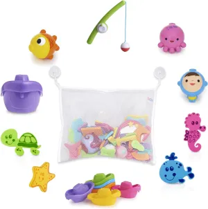 Bath Toys for Boys & Girls | Bathtub Water Toyset with Nuby 16-Piece Floating Foam Bath Animals, Munchkin Fishin' Bath Toy, Little Boat Train Set & Bath Toy Organizer with Suction Cups