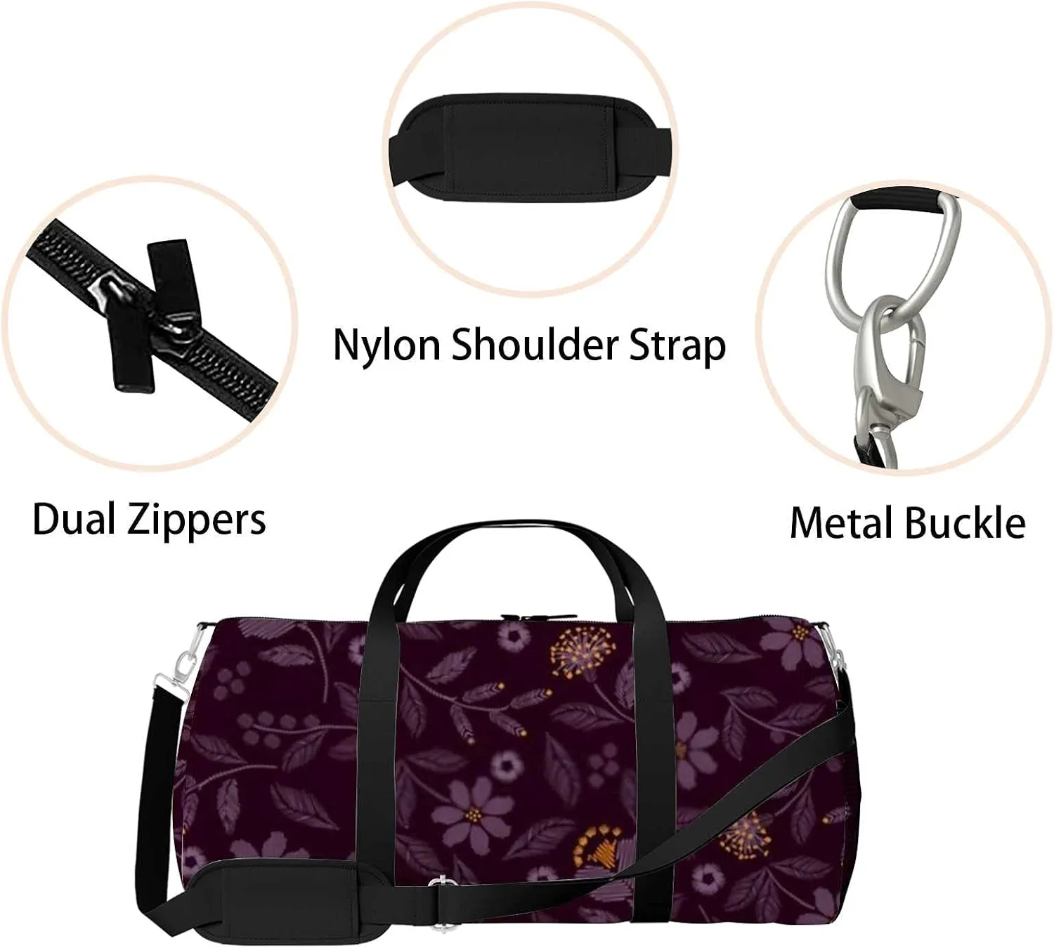 Beautiful Dark Purple Flowers Sports Duffel Bag Travel Gym Tote Bags Lightweight Durable Shoulder Strap Waterproof Polyester Outside Mesh Pocket Overnight Trip Duffel Bag for Women Men