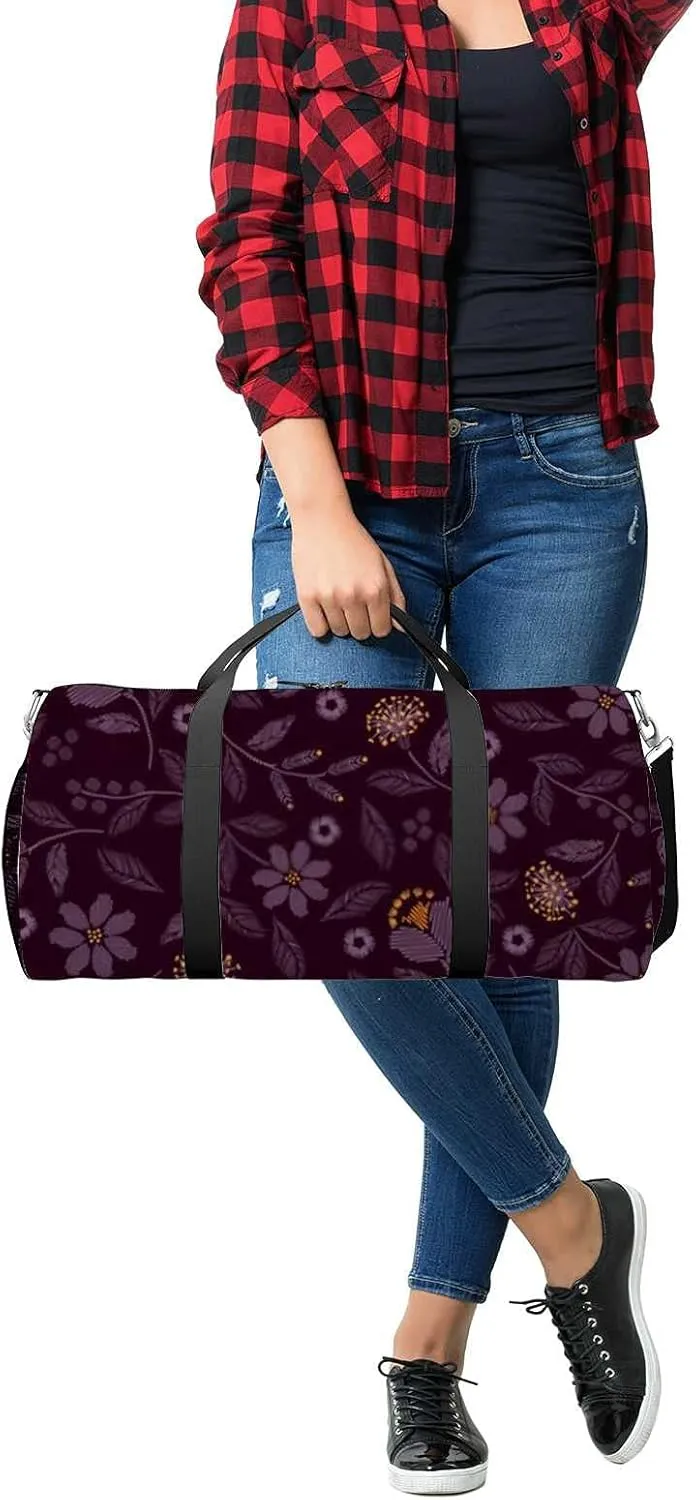Beautiful Dark Purple Flowers Sports Duffel Bag Travel Gym Tote Bags Lightweight Durable Shoulder Strap Waterproof Polyester Outside Mesh Pocket Overnight Trip Duffel Bag for Women Men