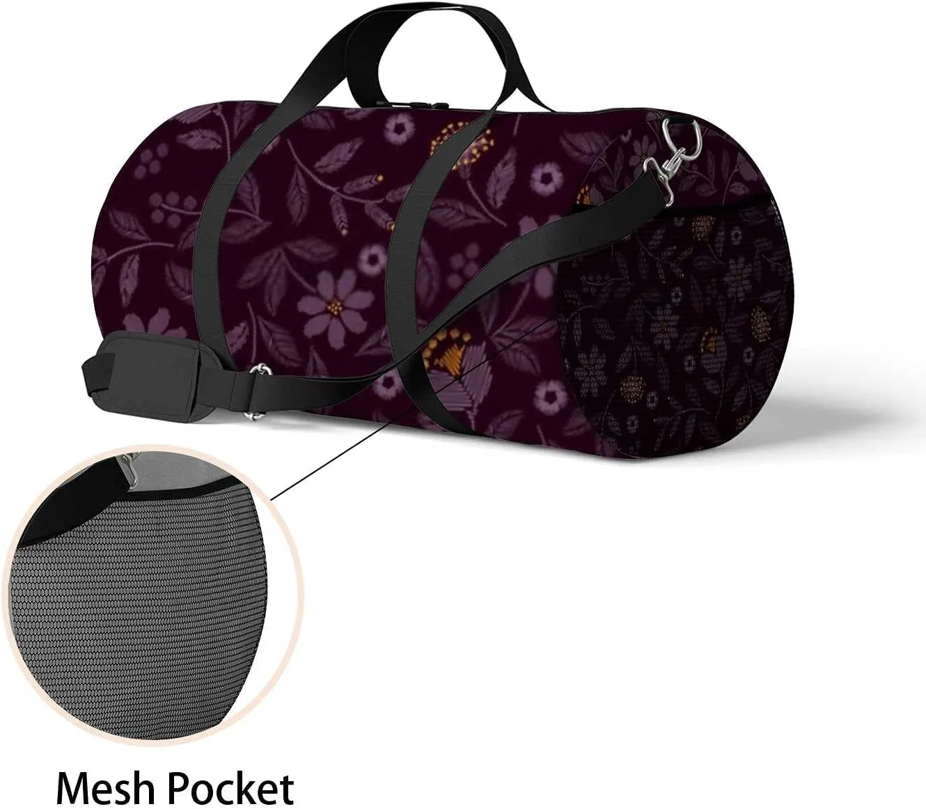 Beautiful Dark Purple Flowers Sports Duffel Bag Travel Gym Tote Bags Lightweight Durable Shoulder Strap Waterproof Polyester Outside Mesh Pocket Overnight Trip Duffel Bag for Women Men