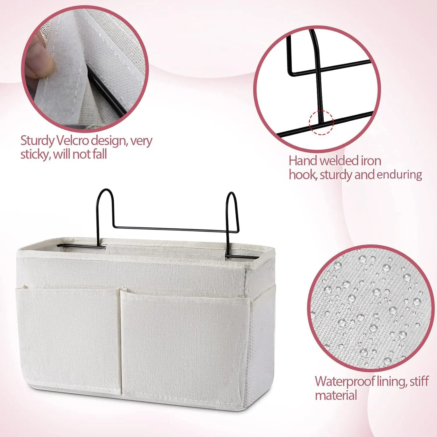 Bedside Caddy Hanging Storage with Water Bottle Holder for Bunk Bed Hospital Bed Dorm Rooms (2 Pack White)