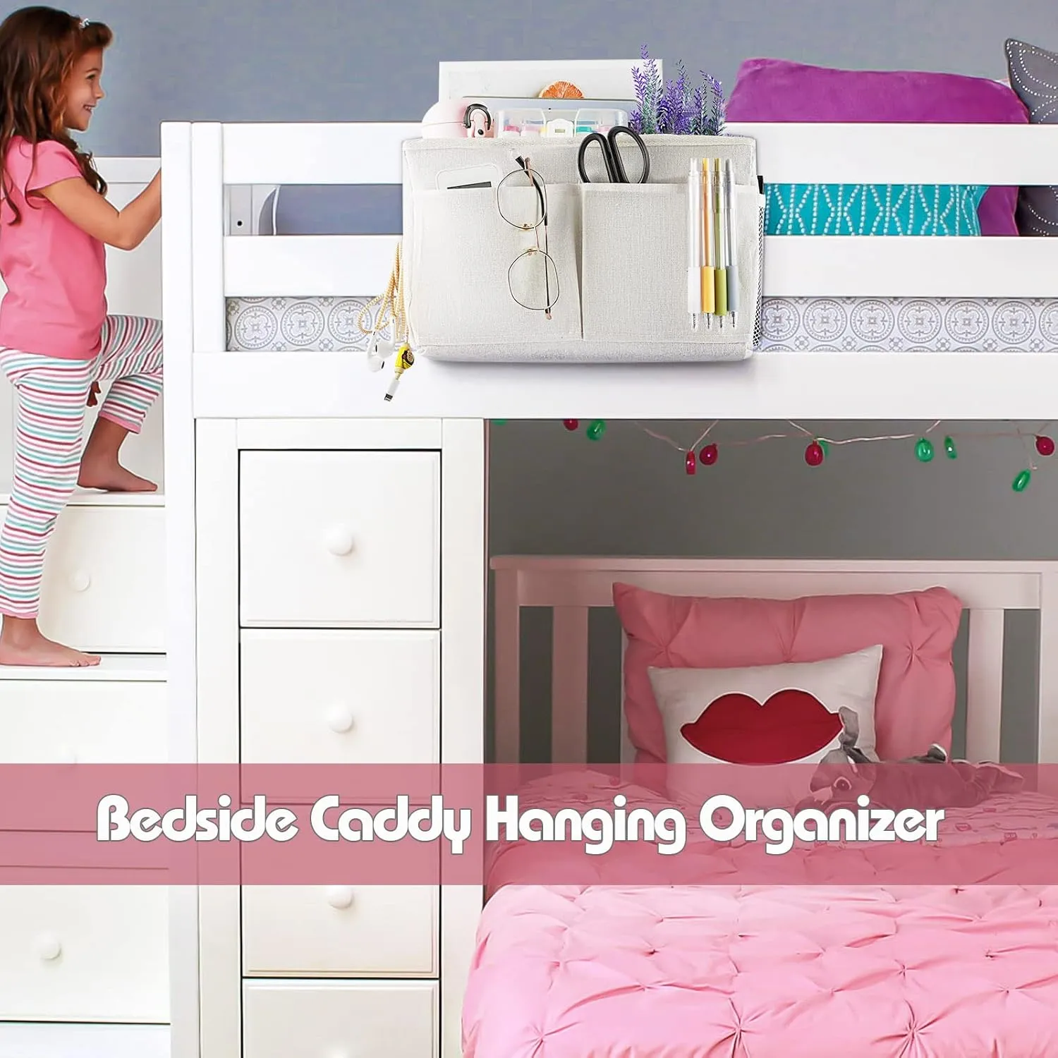 Bedside Caddy Hanging Storage with Water Bottle Holder for Bunk Bed Hospital Bed Dorm Rooms (2 Pack White)