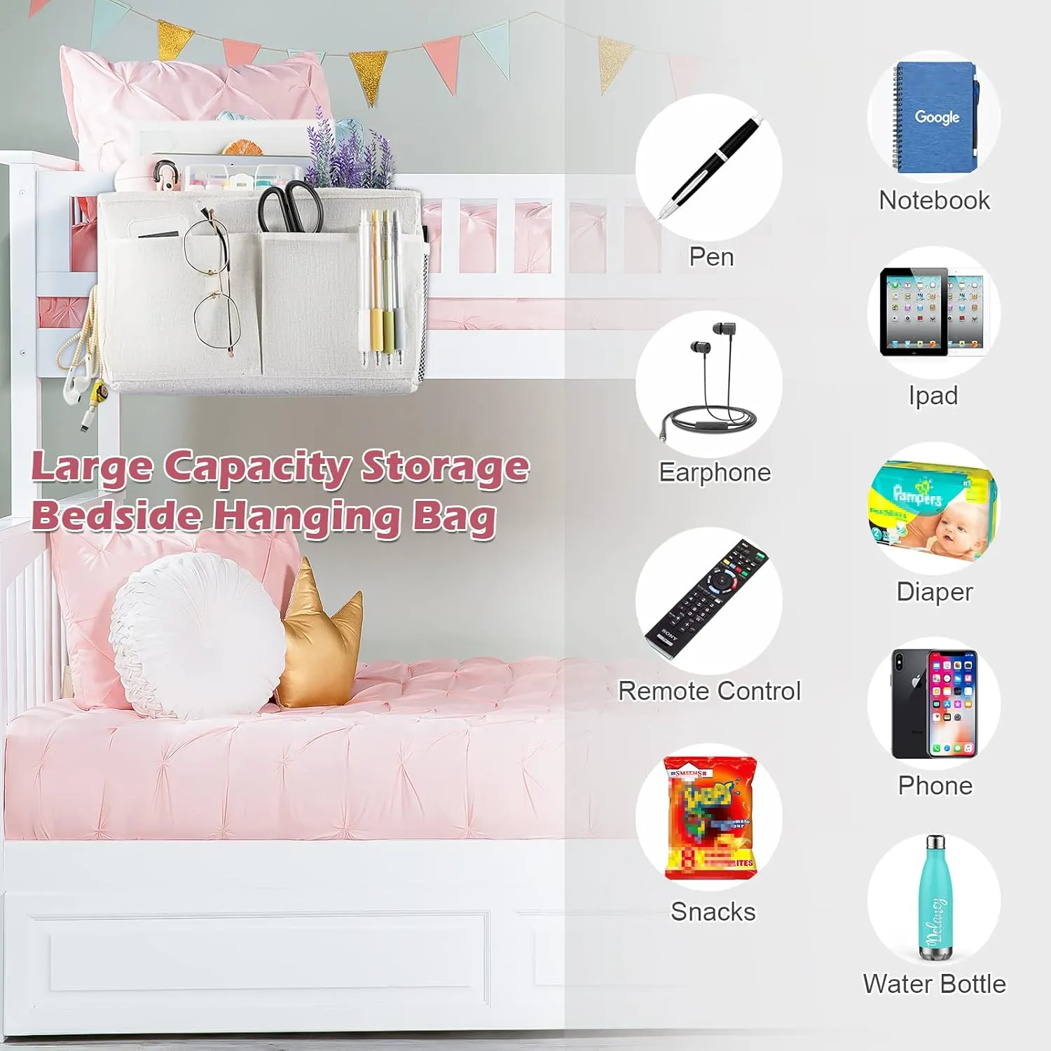 Bedside Caddy Hanging Storage with Water Bottle Holder for Bunk Bed Hospital Bed Dorm Rooms (2 Pack White)