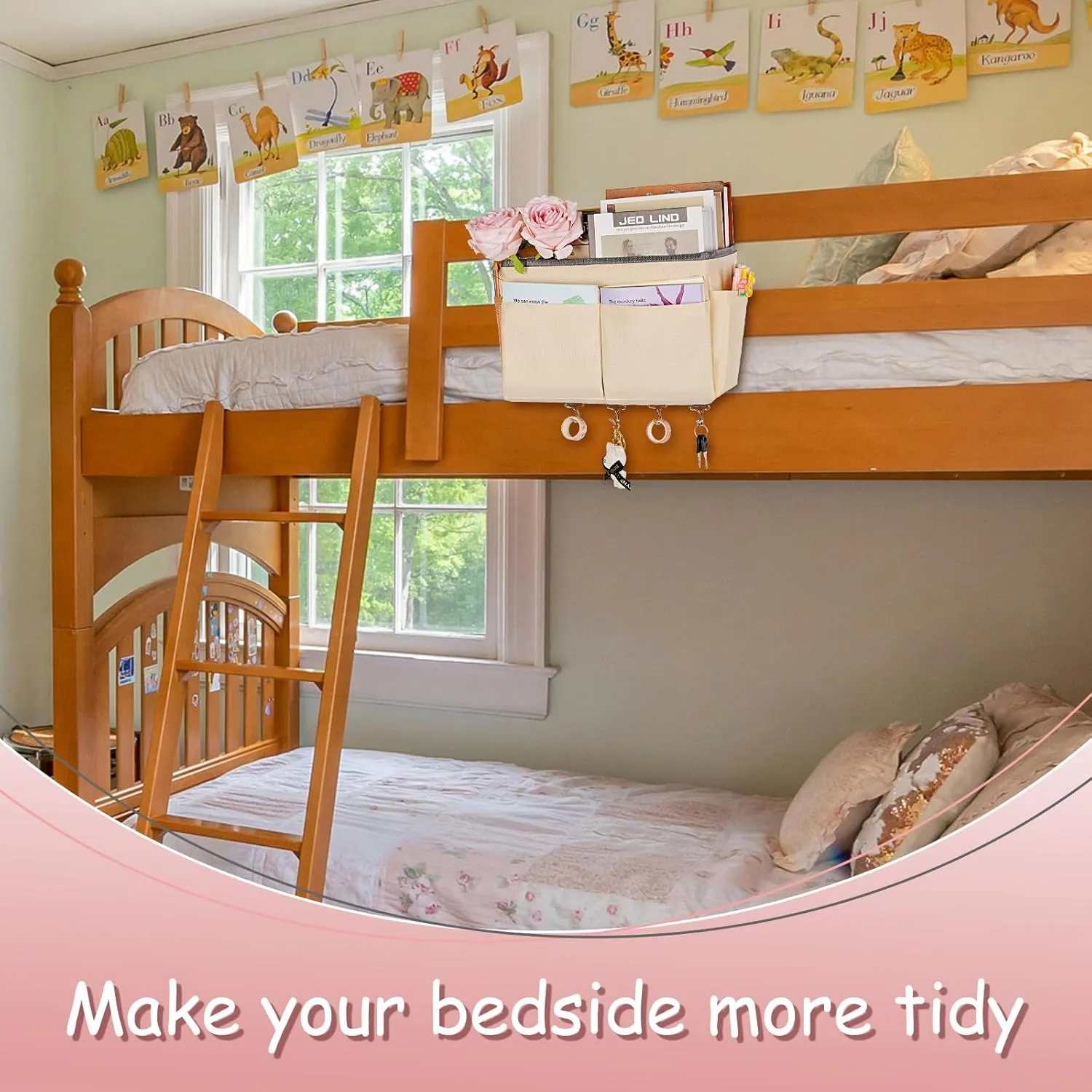 Bedside Storage Organizer 5 Pockets with 4 Hooks Hanging Storage Bag for Headboards/Bunk Bed (Beige)