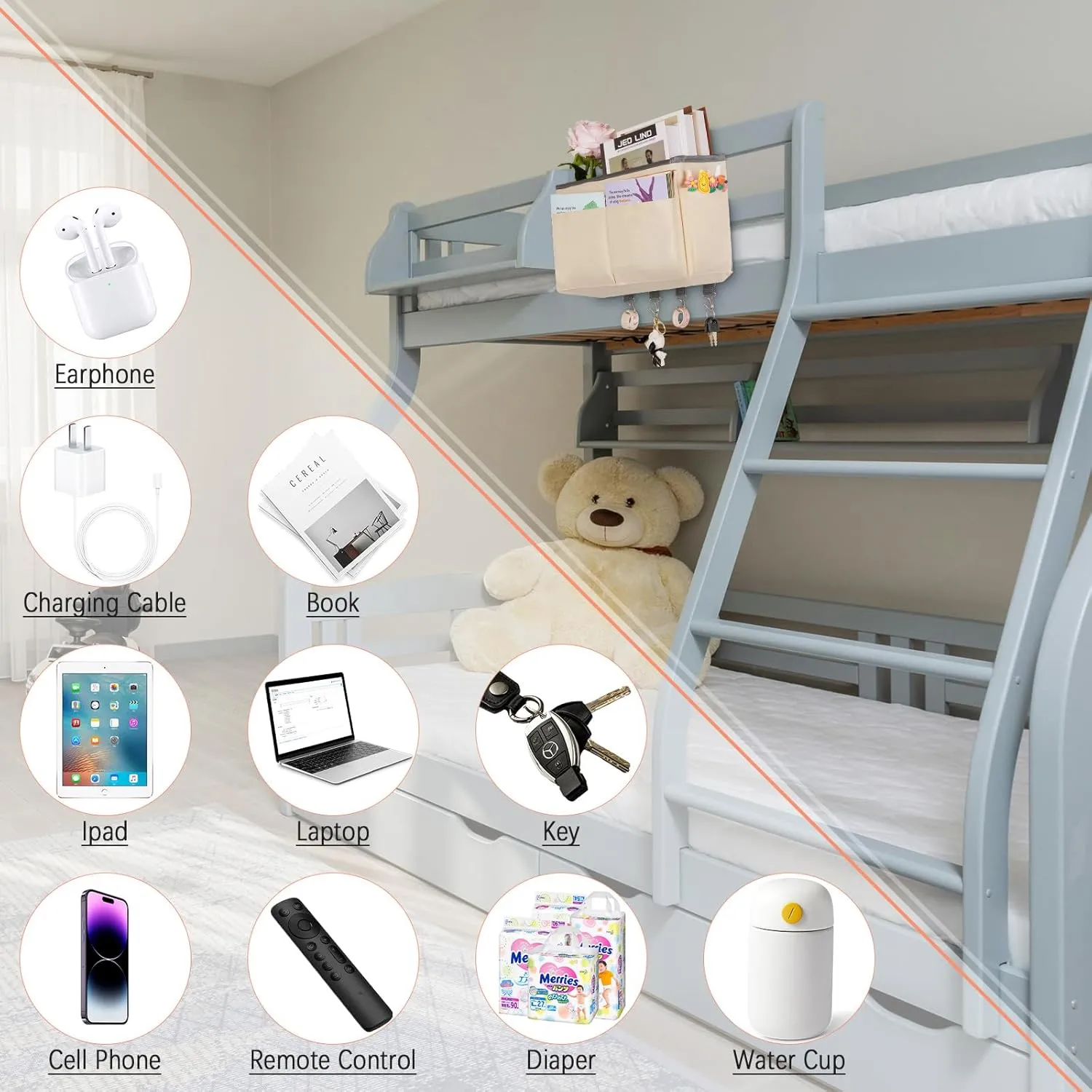 Bedside Storage Organizer 5 Pockets with 4 Hooks Hanging Storage Bag for Headboards/Bunk Bed (Beige)