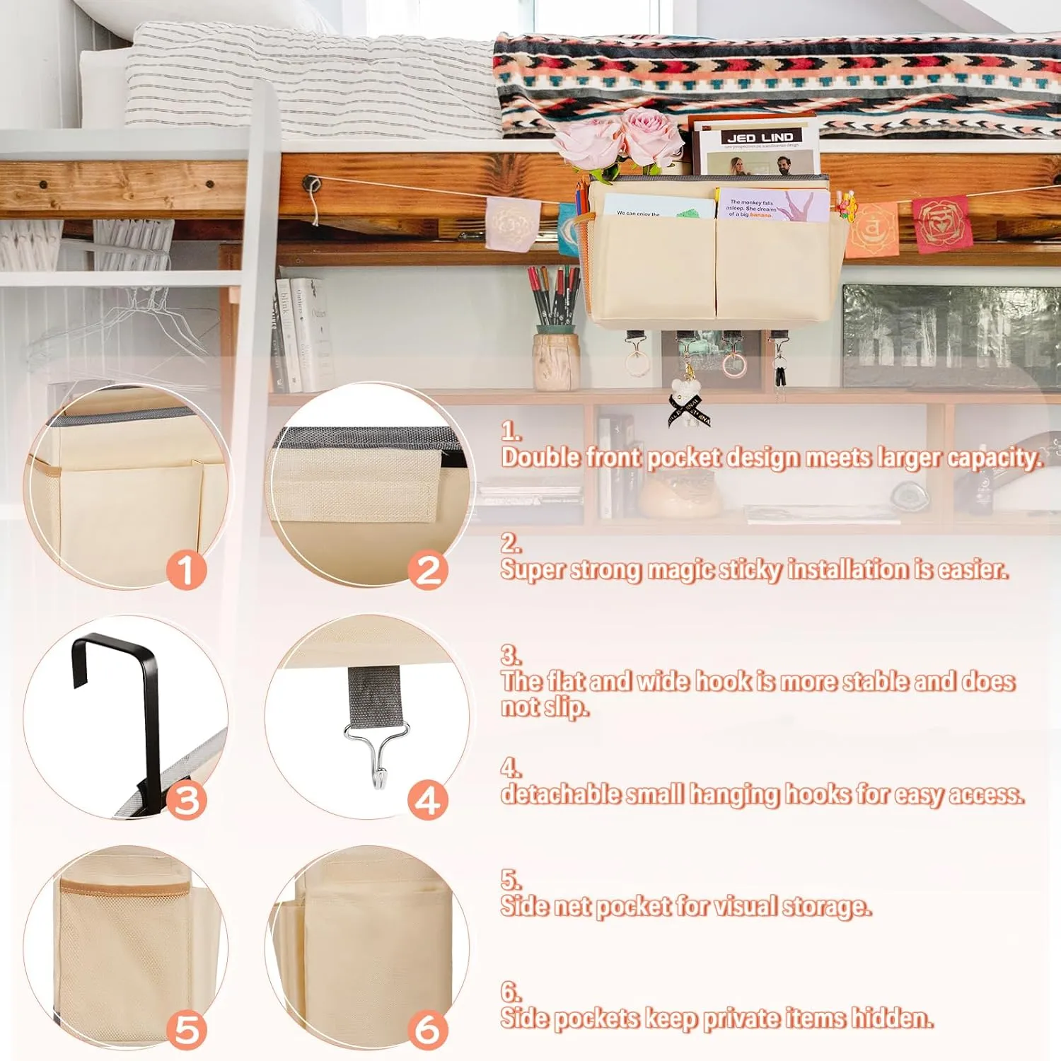 Bedside Storage Organizer 5 Pockets with 4 Hooks Hanging Storage Bag for Headboards/Bunk Bed (Beige)