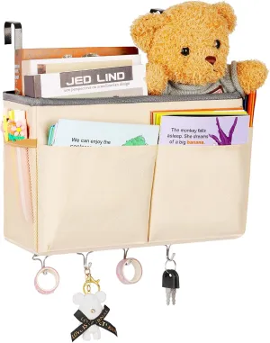 Bedside Storage Organizer 5 Pockets with 4 Hooks Hanging Storage Bag for Headboards/Bunk Bed (Beige)