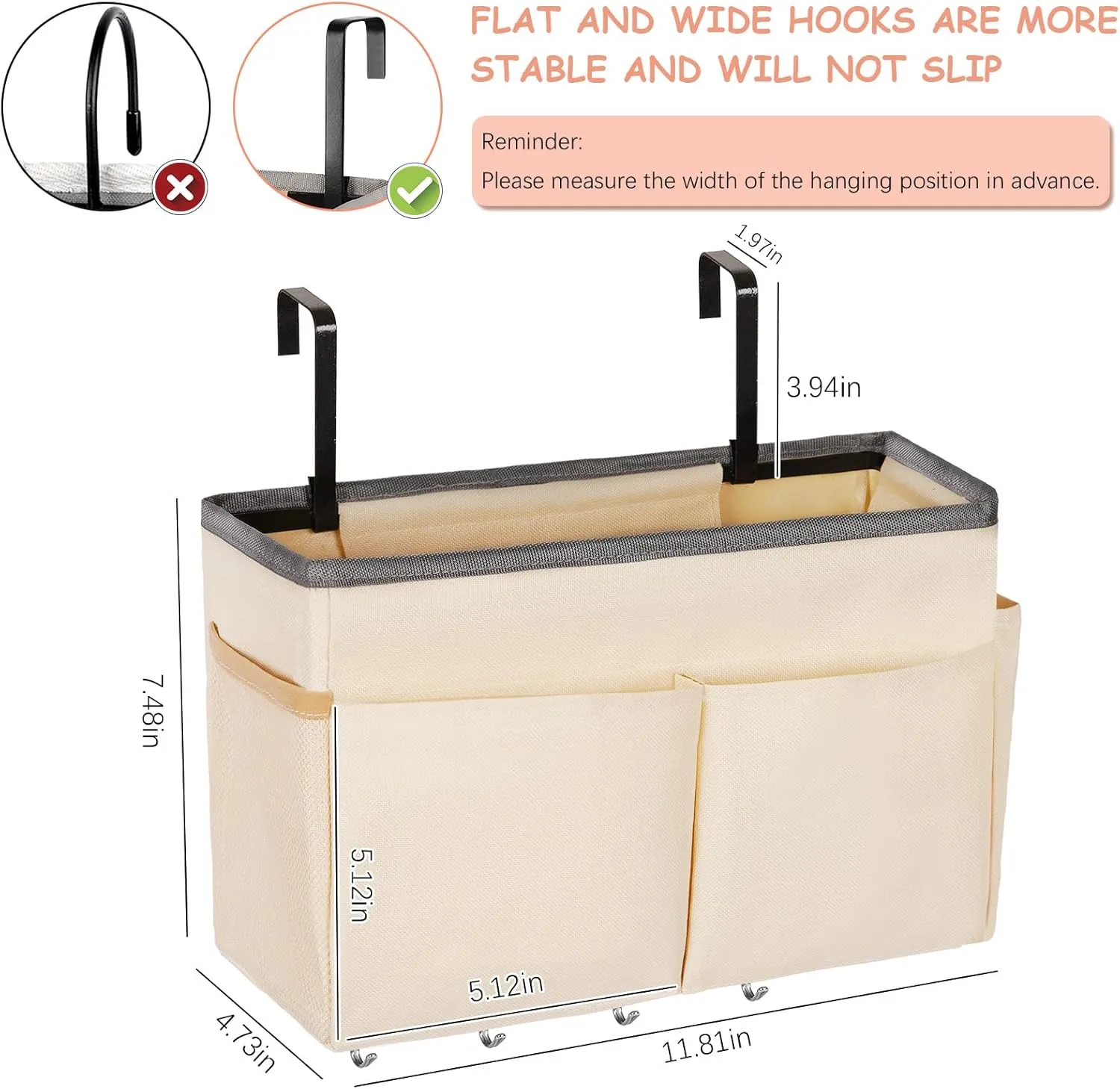 Bedside Storage Organizer 5 Pockets with 4 Hooks Hanging Storage Bag for Headboards/Bunk Bed (Beige)