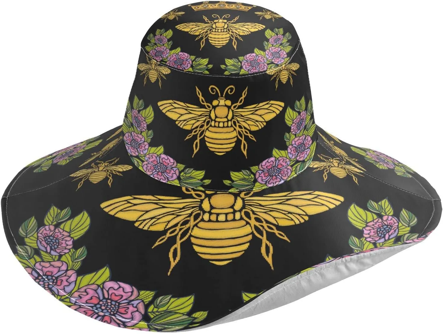 Bee Crown Flowers Embroidery Honey Bee Bumblebee Floral Leaf Wings Insect Gardening Sun Hat?for Men Women Outdoor Wide Brim Beach Hats?Fishing Cap Multicolored