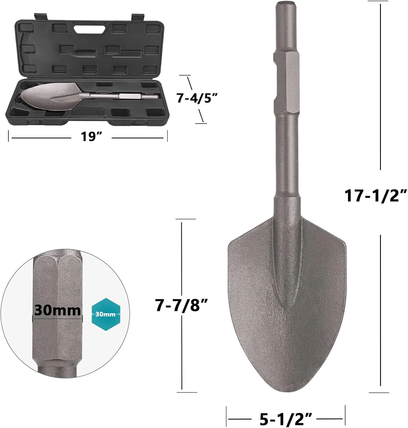 Berserker 1-3/16" Hex Shovel, 5-1/2 x 17-1/2 In. Steel Clay Spade Scoop Bit w/Carrying Case for Heavy Duty Electric Demolition Jack Hammer Concrete Breaker