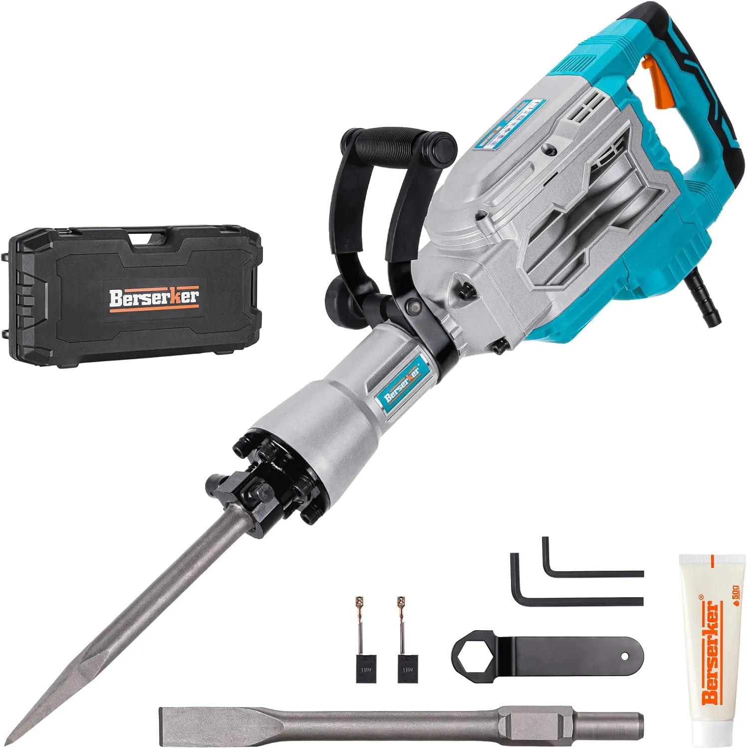 Berserker 1700W 30-Pound Demolition Jack Hammer with 1-3/16" Hex, 14-Amp Corded Electric Heavy Duty Demo Chipping Hammer Concrete/Pavement Breaker with Carrying Case Flat Chisel Bull Point Chisel