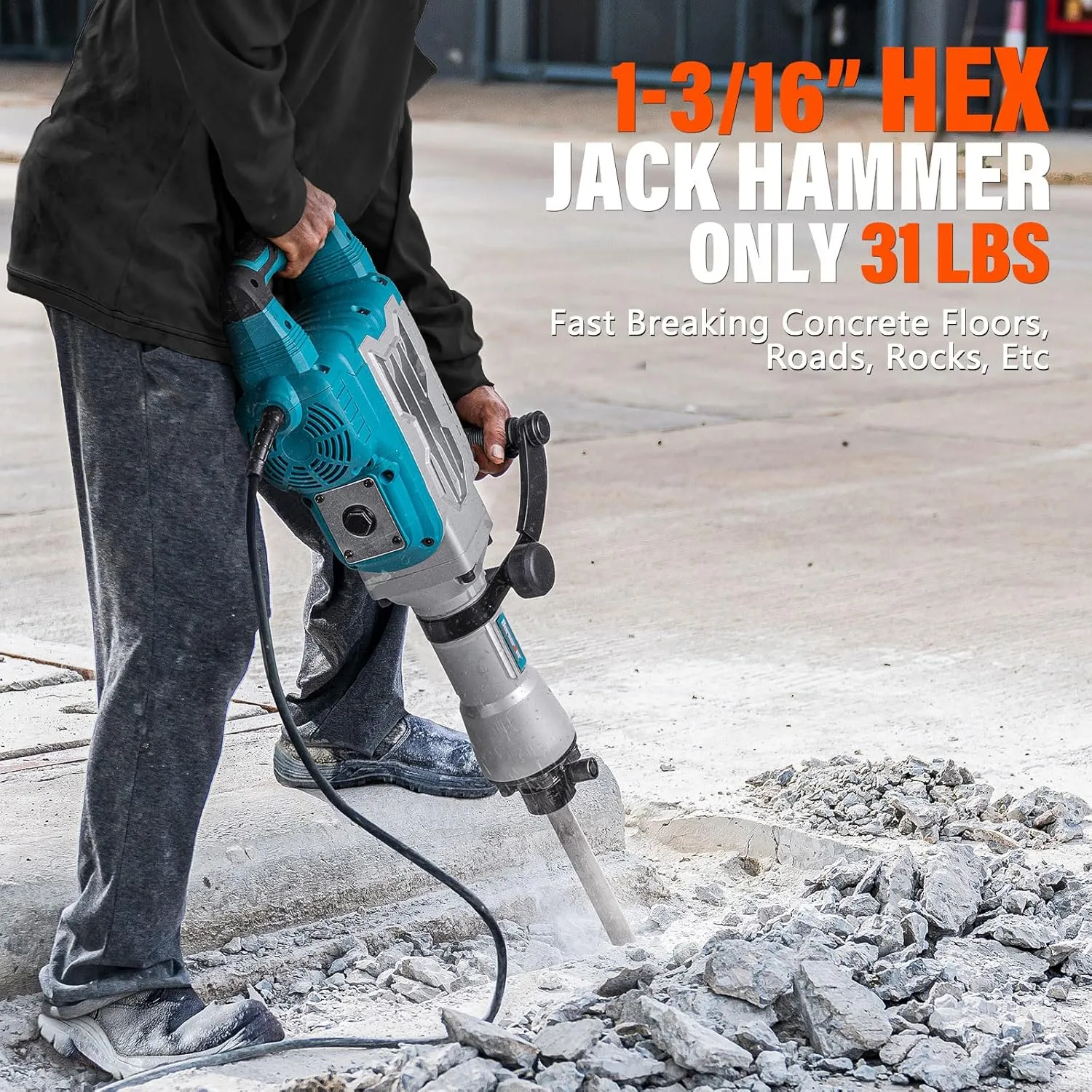Berserker 1700W 30-Pound Demolition Jack Hammer with 1-3/16" Hex, 14-Amp Corded Electric Heavy Duty Demo Chipping Hammer Concrete/Pavement Breaker with Carrying Case Flat Chisel Bull Point Chisel
