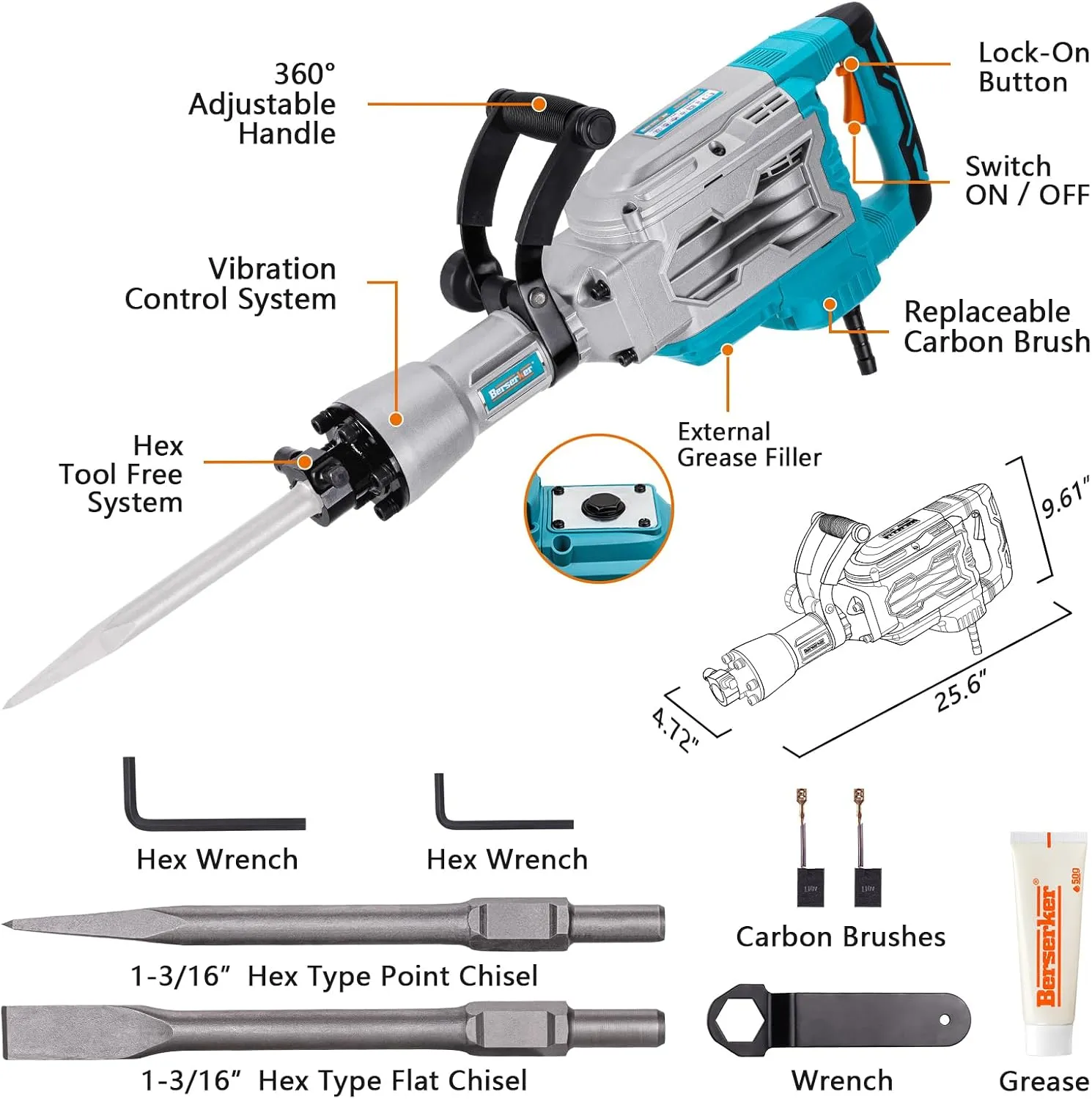 Berserker 1700W 30-Pound Demolition Jack Hammer with 1-3/16" Hex, 14-Amp Corded Electric Heavy Duty Demo Chipping Hammer Concrete/Pavement Breaker with Carrying Case Flat Chisel Bull Point Chisel