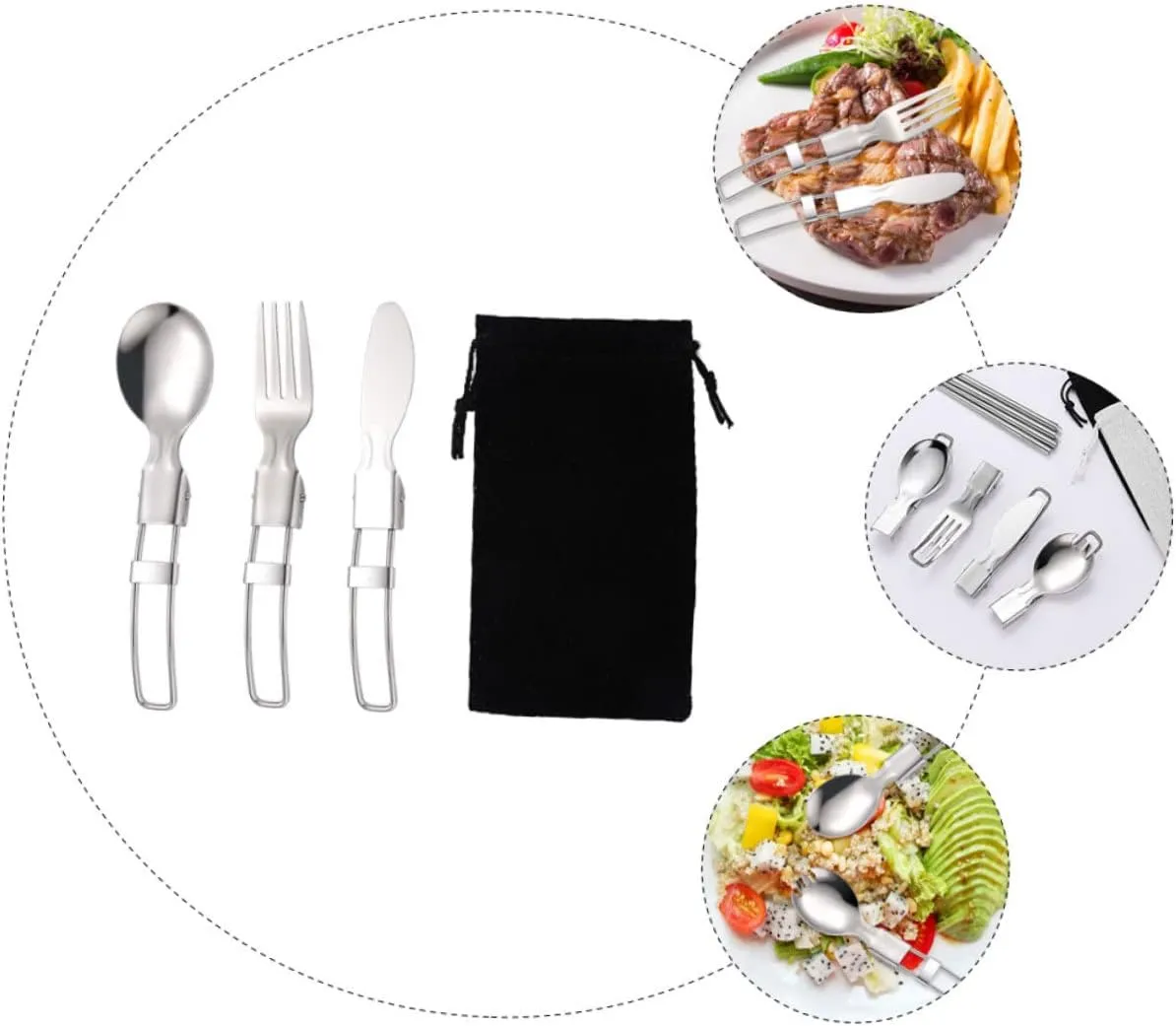 BESPORTBLE 3 Sets Foldable Camping Cutlery Stainless Steel Forks Spoons Knives Compact Travel Cutlery Set for Hiking Picnics