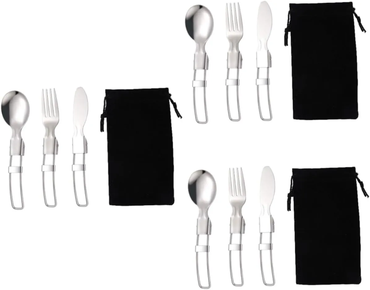 BESPORTBLE 3 Sets Foldable Camping Cutlery Stainless Steel Forks Spoons Knives Compact Travel Cutlery Set for Hiking Picnics