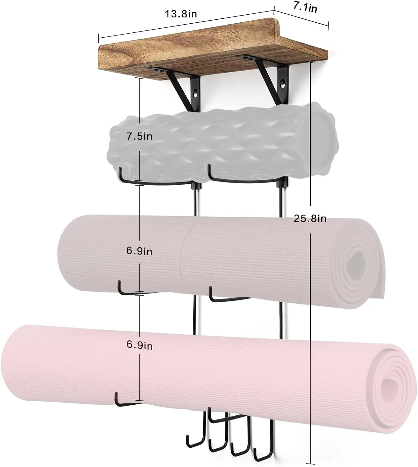 Bikoney Yoga Mat Holder Wall Mount Yoga Mat Storage Home Gym Accessories with Wood Floating Shelves and 4 Hooks for Hanging Foam Roller and Resistance Bands Fitness Home Gym Carbonized Black