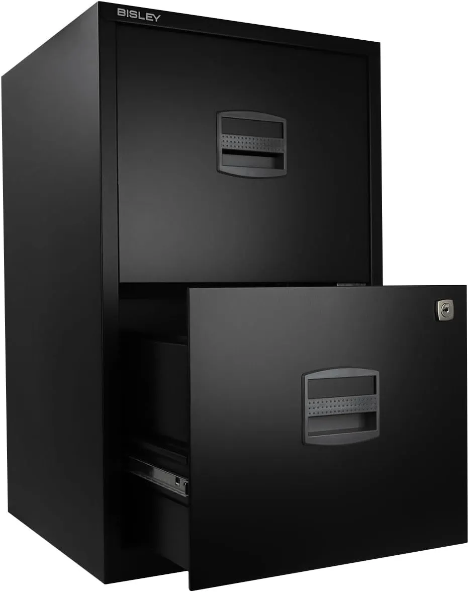 Bisley 2-Drawer Home File Cabinet - Black, 2 Hanging File Drawers, Powder-Coated Steel, Sturdy Pull Handles, Locking Drawers