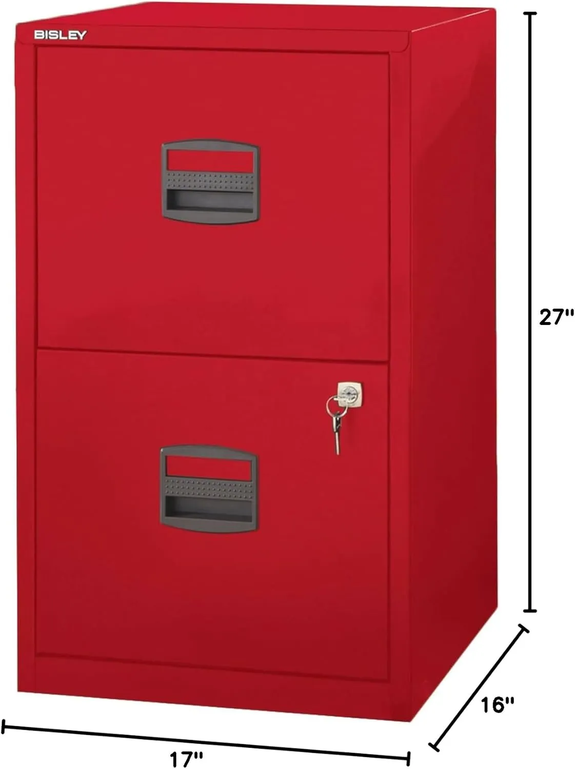 Bisley 2-Drawer Home File Cabinet - Cardinal Red, 2 Hanging File Drawers, Powder-Coated Steel, Sturdy Pull Handles, Locking Drawers