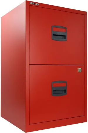 Bisley 2-Drawer Home File Cabinet - Cardinal Red, 2 Hanging File Drawers, Powder-Coated Steel, Sturdy Pull Handles, Locking Drawers