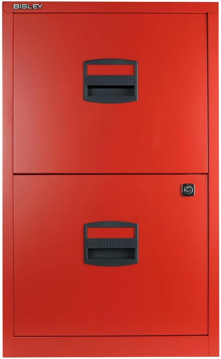 Bisley 2-Drawer Home File Cabinet - Cardinal Red, 2 Hanging File Drawers, Powder-Coated Steel, Sturdy Pull Handles, Locking Drawers
