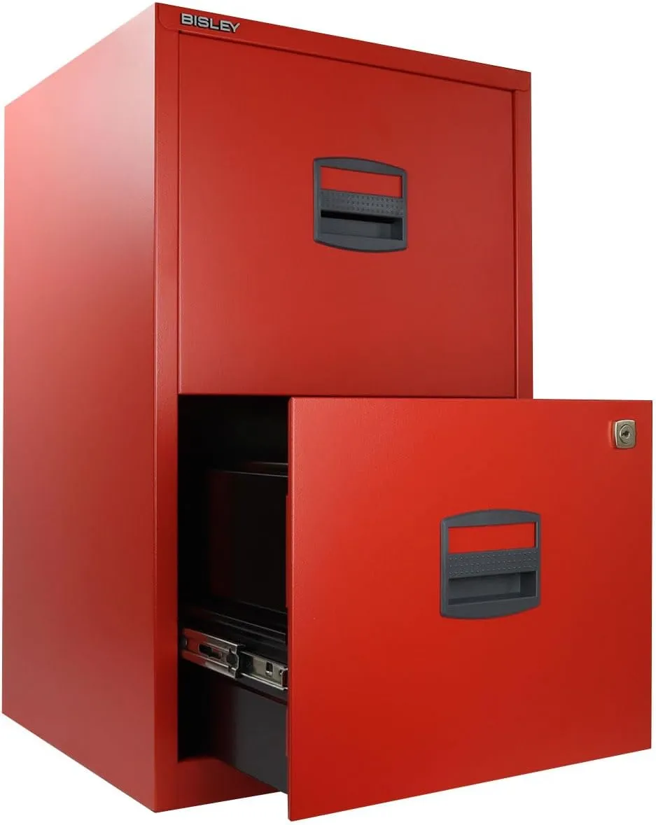 Bisley 2-Drawer Home File Cabinet - Cardinal Red, 2 Hanging File Drawers, Powder-Coated Steel, Sturdy Pull Handles, Locking Drawers