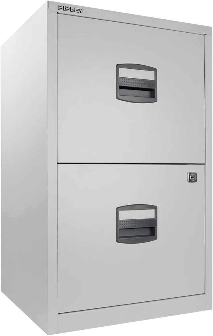 Bisley 2-Drawer Home File Cabinet - Light Grey, 2 Hanging File Drawers, Powder-Coated Steel, Sturdy Pull Handles, Locking Drawers