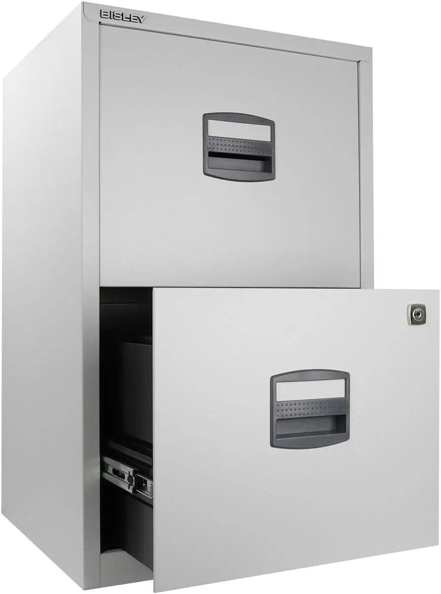 Bisley 2-Drawer Home File Cabinet - Light Grey, 2 Hanging File Drawers, Powder-Coated Steel, Sturdy Pull Handles, Locking Drawers
