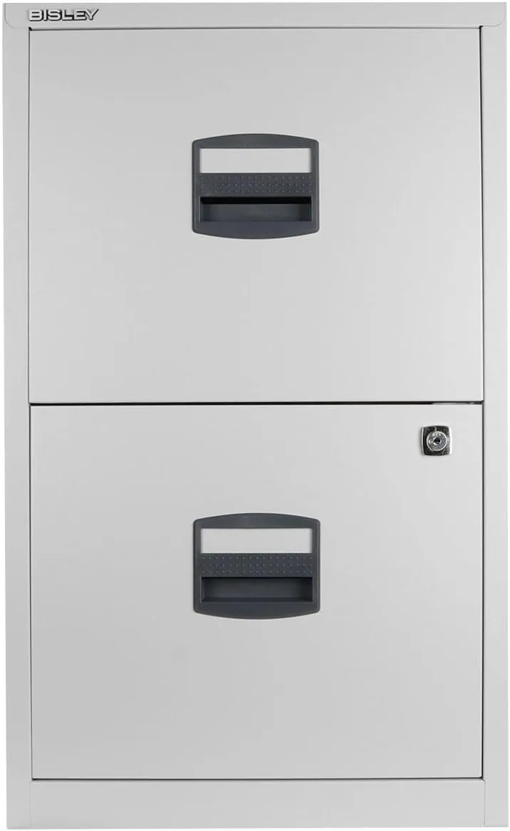 Bisley 2-Drawer Home File Cabinet - Light Grey, 2 Hanging File Drawers, Powder-Coated Steel, Sturdy Pull Handles, Locking Drawers