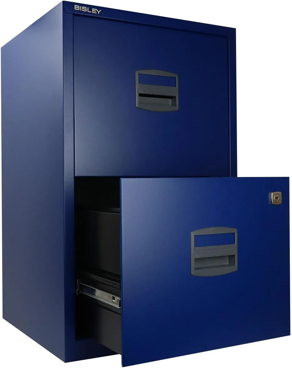 Bisley 2-Drawer Home File Cabinet - Oxford Blue, 2 Hanging File Drawers, Powder-Coated Steel, Sturdy Pull Handles, Locking Drawers