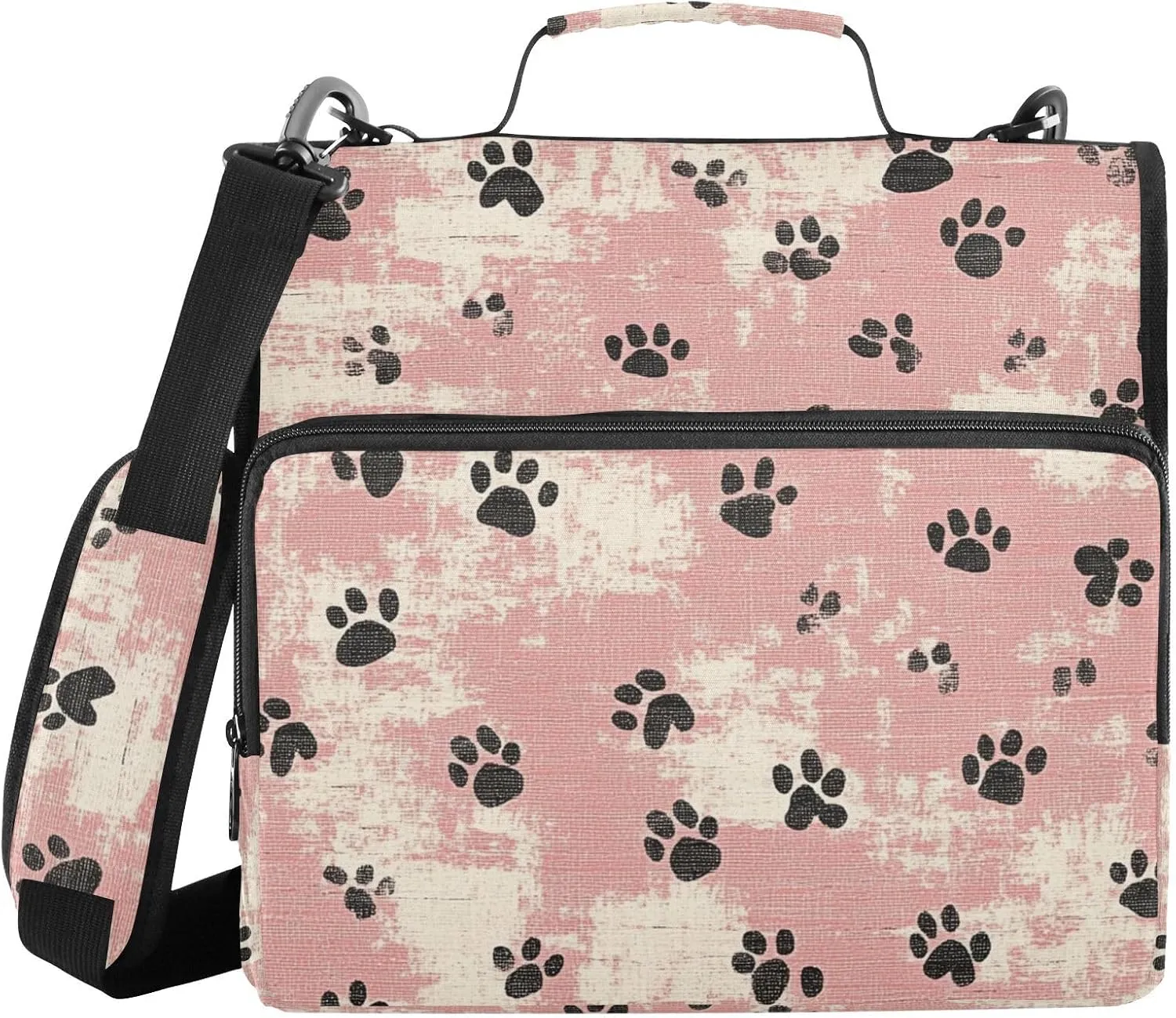 Black Paw Print Pink Zipper Binder with Shoulder Strap Trapper Keeper 3 Ring Binder Organizer Large Capacity Multiple Compartments for School Office