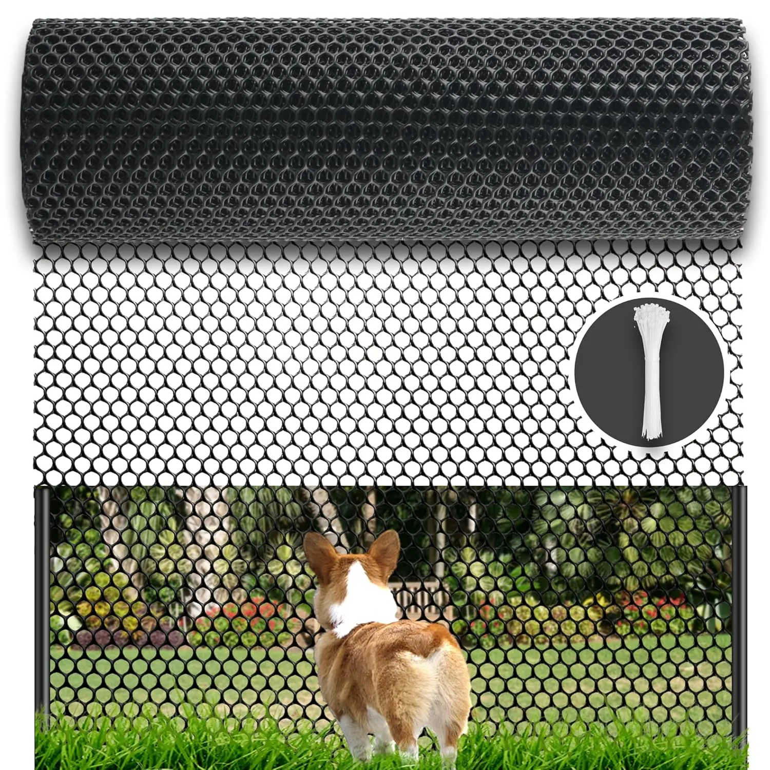 Black Plastic Wire Mesh Fence Roll - 15.7IN x 20FT Plastic Chicken Wire Mesh for Poultry， Chicken Puppy Rabbit, Floral, Plastic Fence
