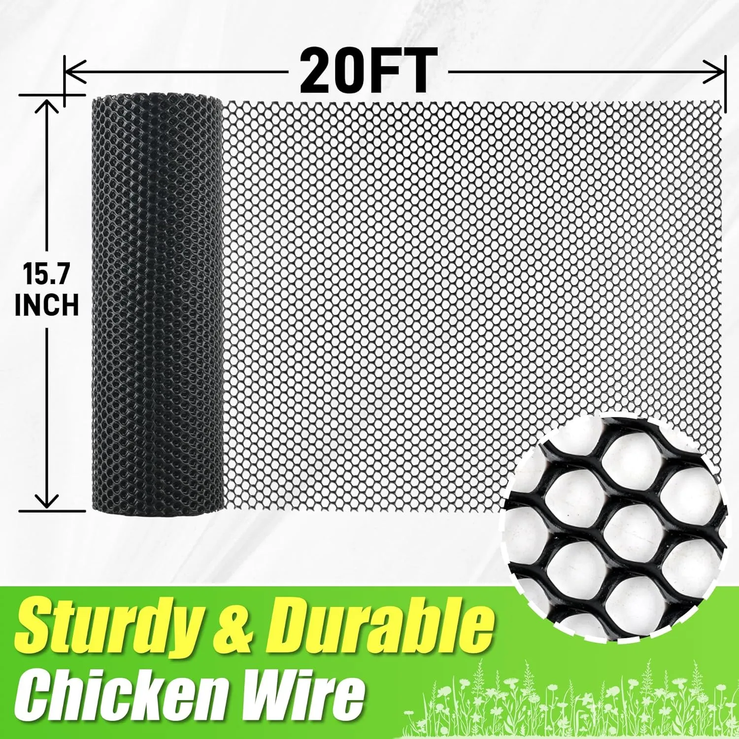 Black Plastic Wire Mesh Fence Roll - 15.7IN x 20FT Plastic Chicken Wire Mesh for Poultry， Chicken Puppy Rabbit, Floral, Plastic Fence