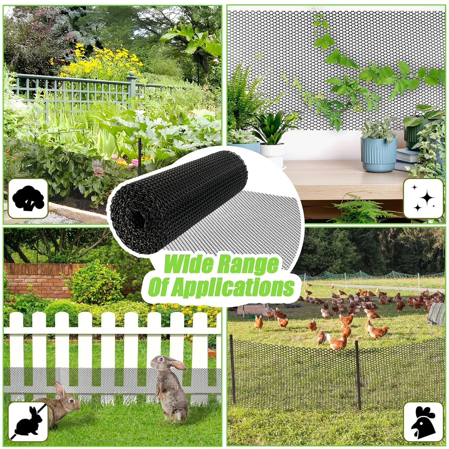 Black Plastic Wire Mesh Fence Roll - 15.7IN x 20FT Plastic Chicken Wire Mesh for Poultry， Chicken Puppy Rabbit, Floral, Plastic Fence