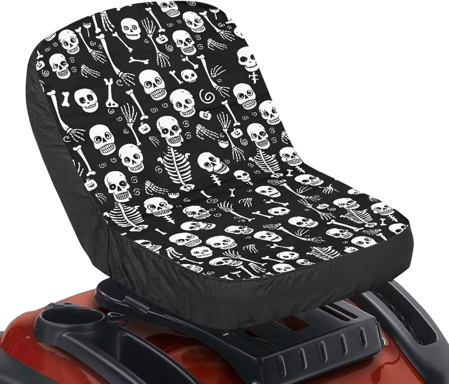 Black White Skull Print Lawn Tractor Seat Cover, Long-Lasting Resistant Riding Lawn Mower Accessories with Convenient Pockets Easy to Install Medium
