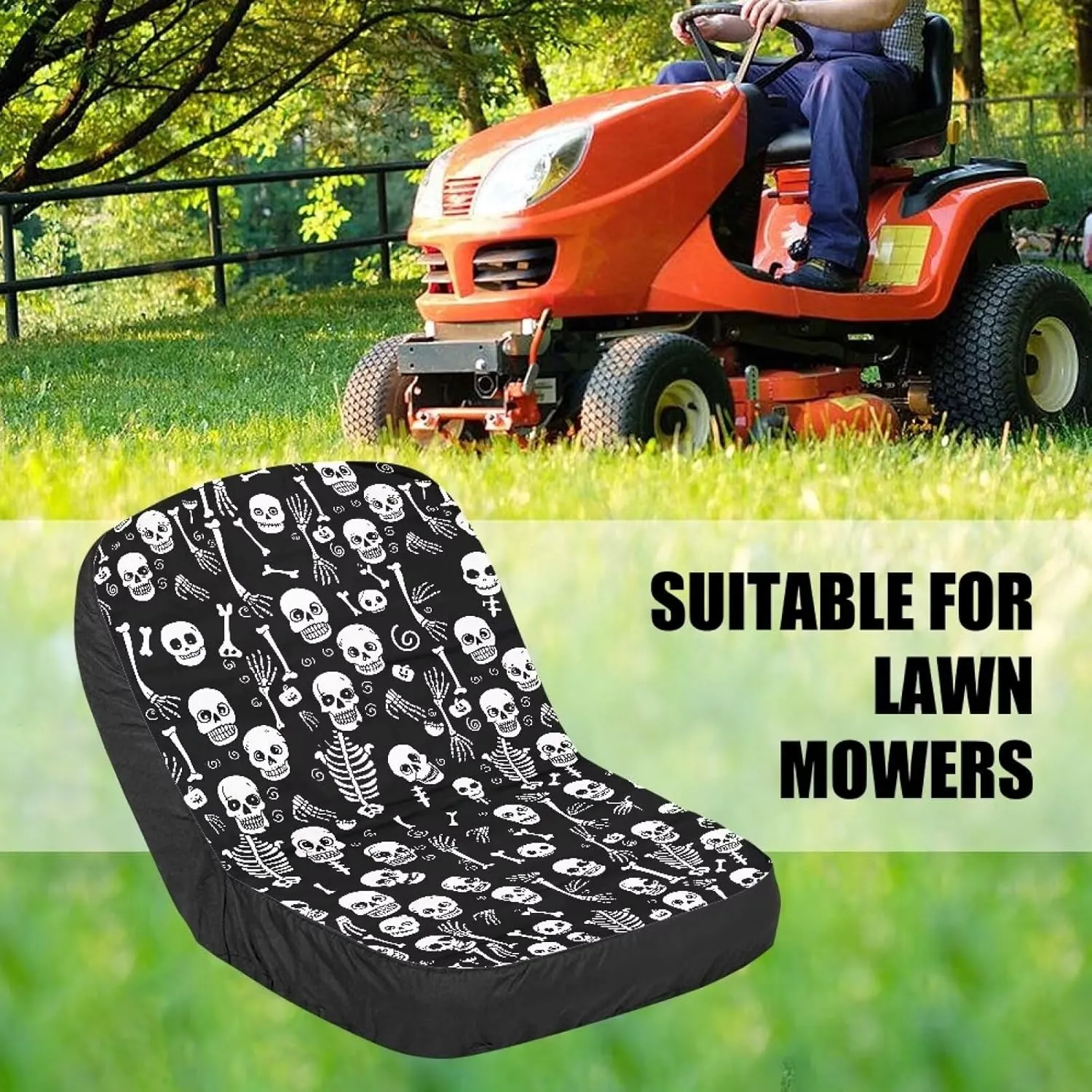 Black White Skull Print Lawn Tractor Seat Cover, Long-Lasting Resistant Riding Lawn Mower Accessories with Convenient Pockets Easy to Install Medium