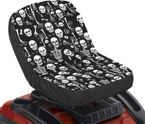 Black White Skull Print Lawn Tractor Seat Cover, Long-Lasting Resistant Riding Lawn Mower Accessories with Convenient Pockets Easy to Install Medium