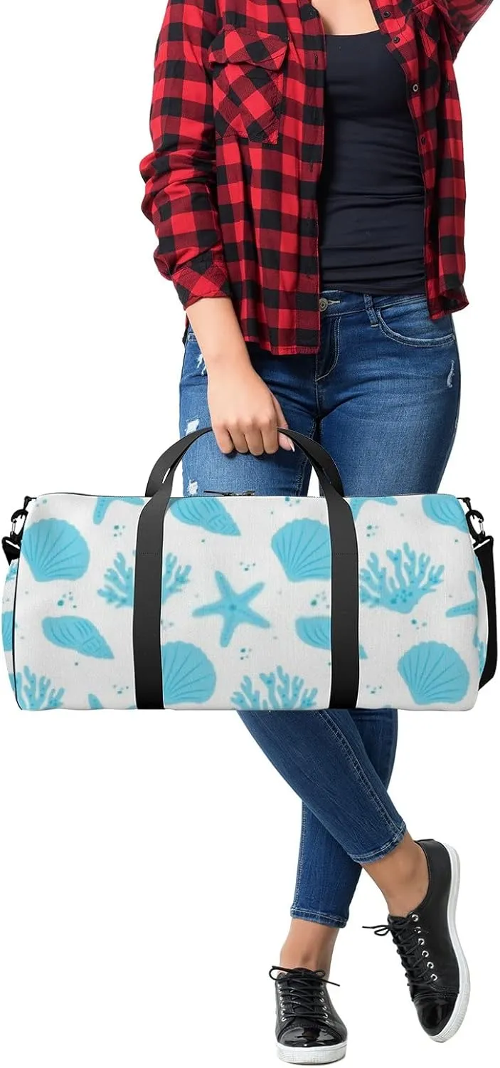 Blue Seafish Seashell Seaweed Sports Duffel Bag Travel Gym Tote Bags Lightweight Durable Shoulder Strap Waterproof Polyester Outside Mesh Pocket Overnight Trip Duffel Bag for Women Men