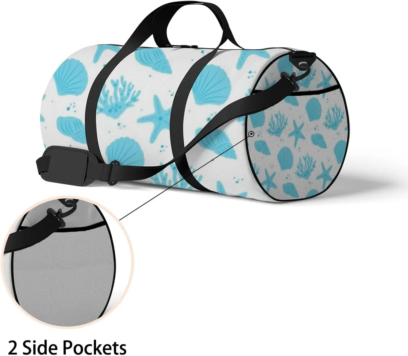 Blue Seafish Seashell Seaweed Sports Duffel Bag Travel Gym Tote Bags Lightweight Durable Shoulder Strap Waterproof Polyester Outside Mesh Pocket Overnight Trip Duffel Bag for Women Men