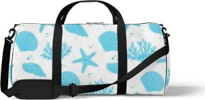 Blue Seafish Seashell Seaweed Sports Duffel Bag Travel Gym Tote Bags Lightweight Durable Shoulder Strap Waterproof Polyester Outside Mesh Pocket Overnight Trip Duffel Bag for Women Men