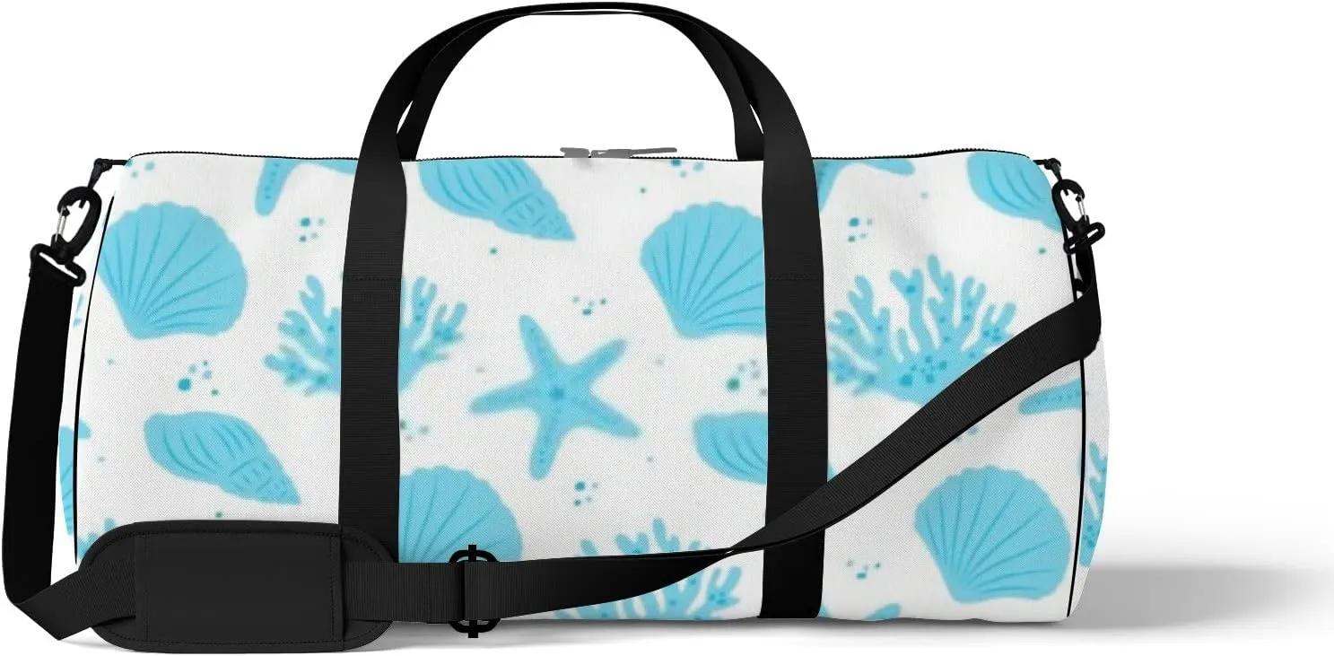 Blue Seafish Seashell Seaweed Sports Duffel Bag Travel Gym Tote Bags Lightweight Durable Shoulder Strap Waterproof Polyester Outside Mesh Pocket Overnight Trip Duffel Bag for Women Men