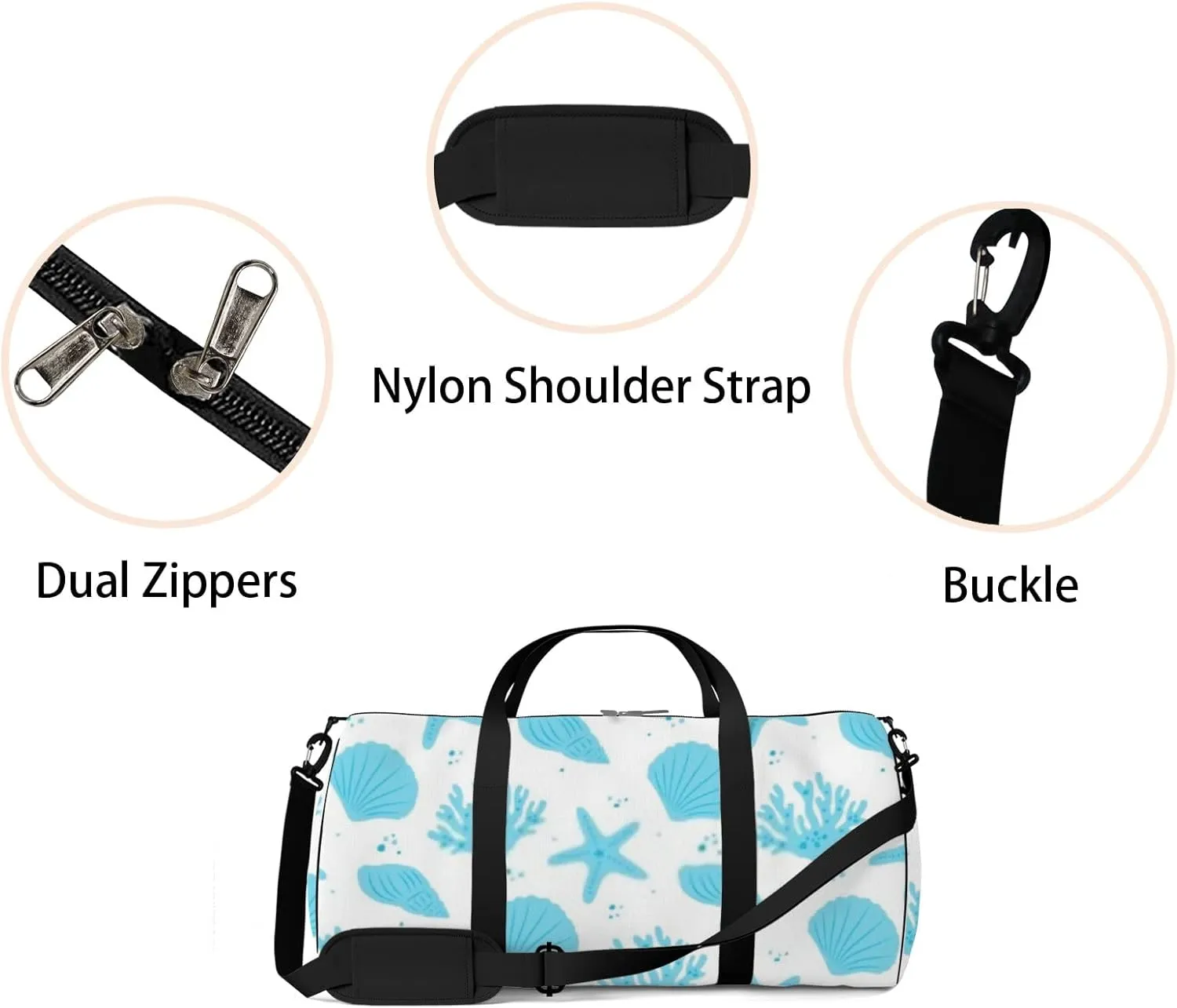 Blue Seafish Seashell Seaweed Sports Duffel Bag Travel Gym Tote Bags Lightweight Durable Shoulder Strap Waterproof Polyester Outside Mesh Pocket Overnight Trip Duffel Bag for Women Men
