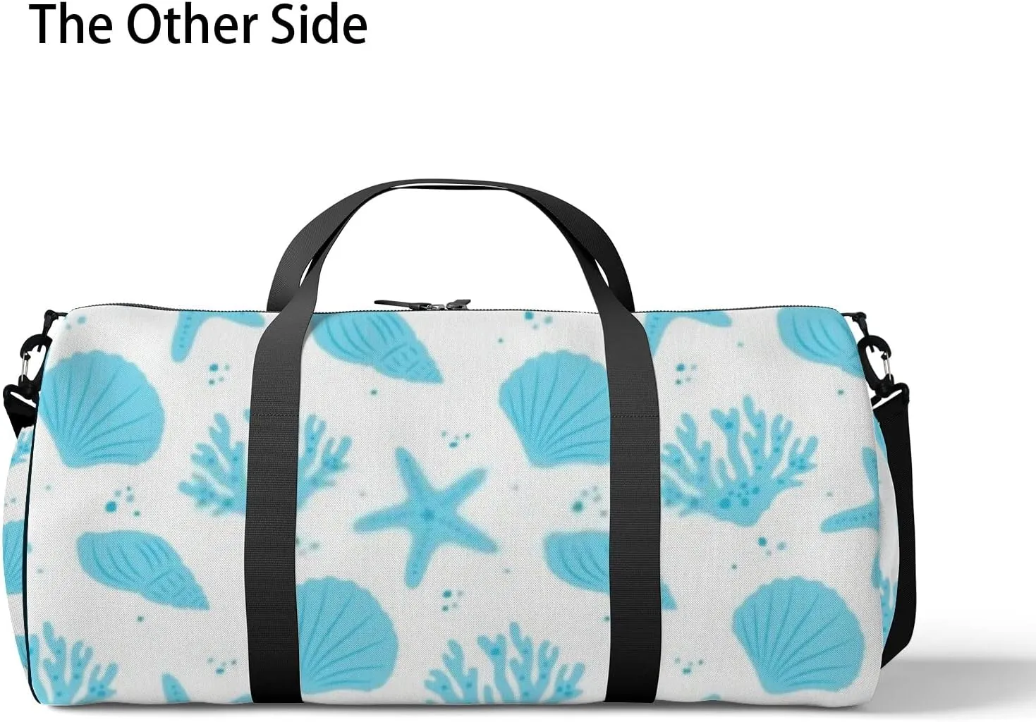 Blue Seafish Seashell Seaweed Sports Duffel Bag Travel Gym Tote Bags Lightweight Durable Shoulder Strap Waterproof Polyester Outside Mesh Pocket Overnight Trip Duffel Bag for Women Men